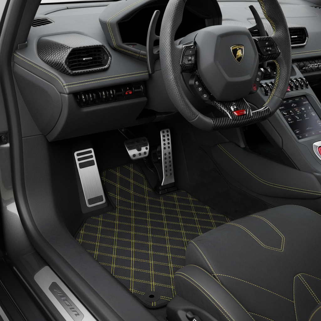 Customizable Leather Floor Mats with Single Diamond Pattern for Lamborghini Huracan Tecnica (2022-2024) - AutoWin