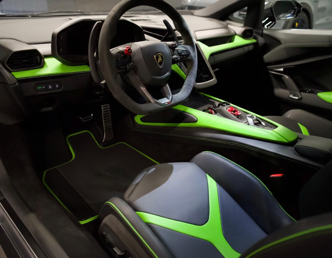 Black Floor Mats with Leather for Lamborghini Revuelto (2024-2025) | White Trim - AutoWin