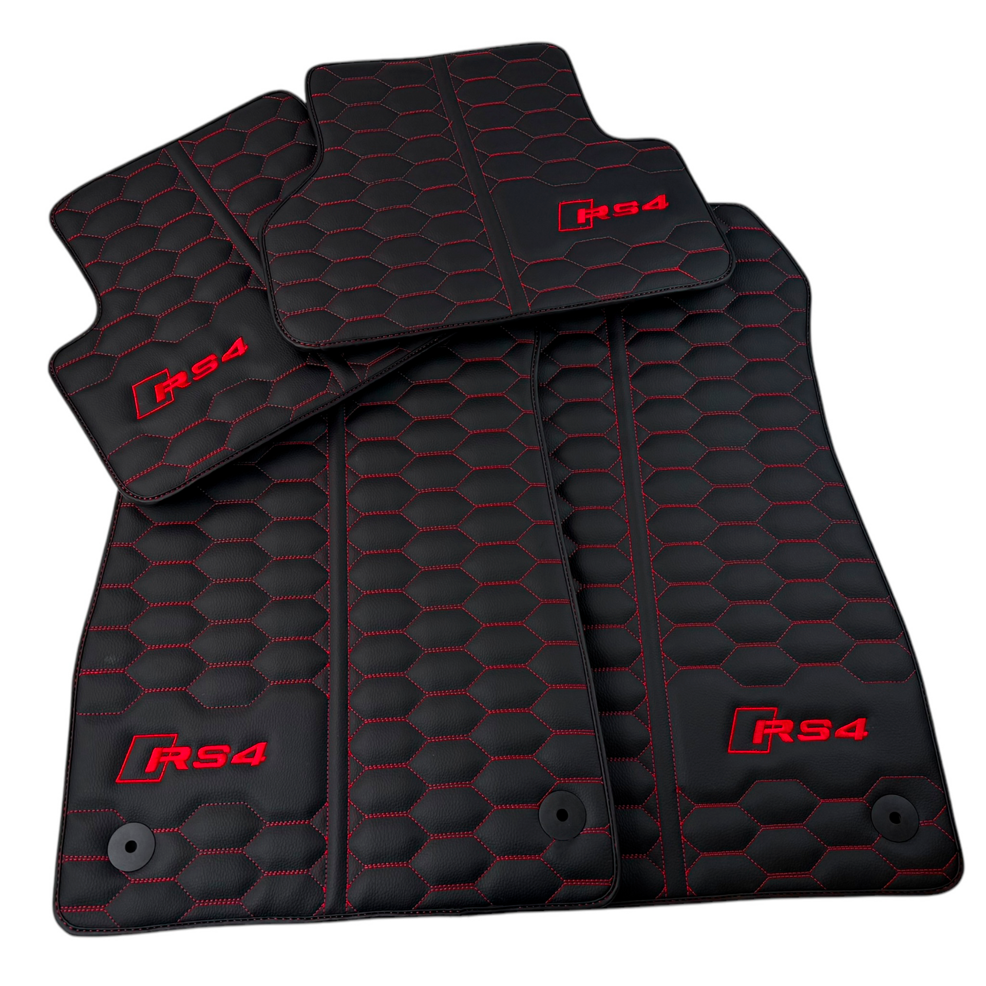 Black Leather Floor Mats for Audi RS 4 B9 Avant (2017-2024) Red Stitching