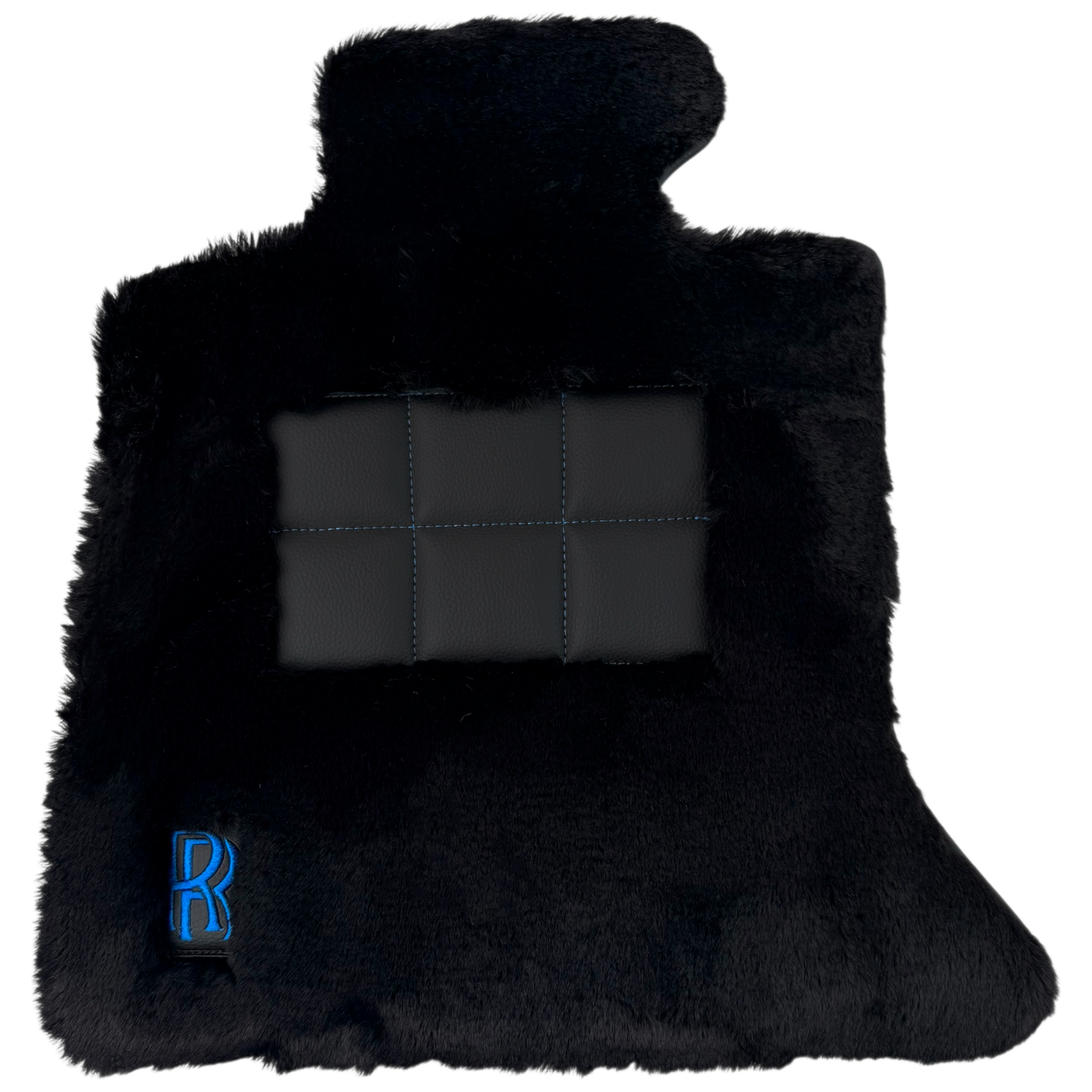 Set of Black Sheepskin Floor Mats & Pillows for Rolls Royce Cullinan (2018-2025) with Black Leather | Blue RR Logo