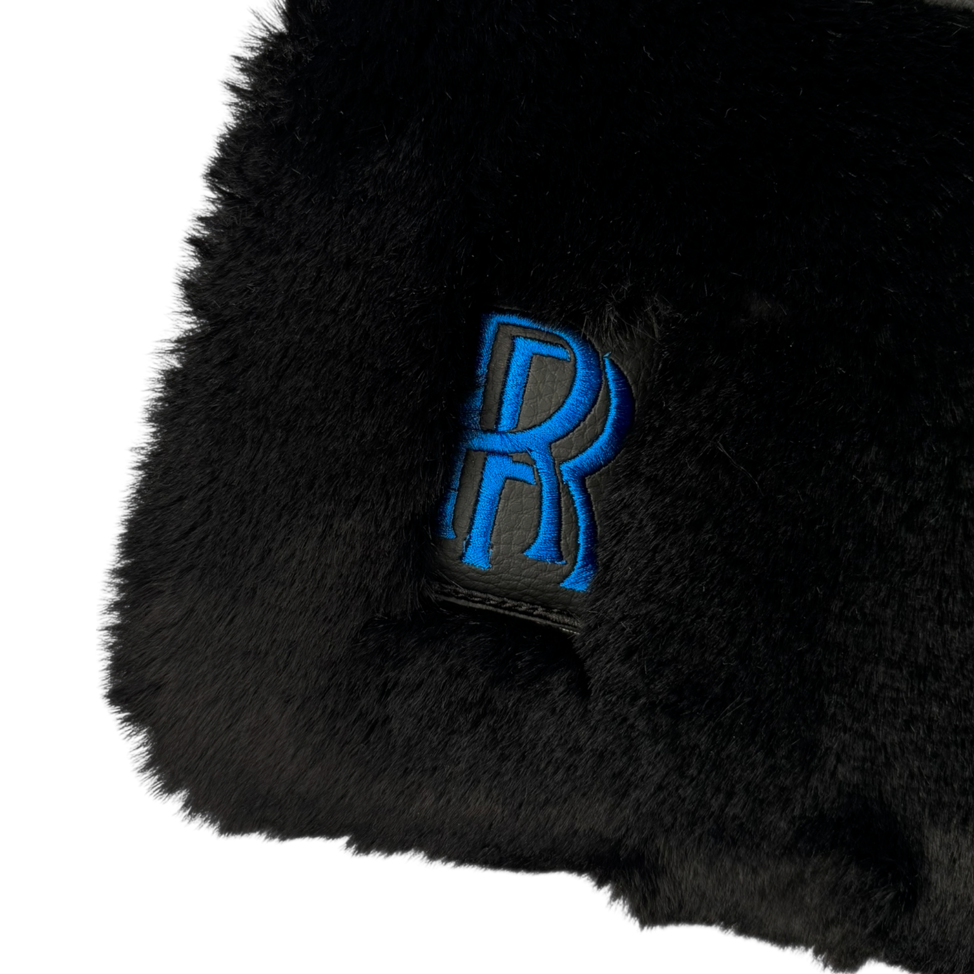 Set of Black Sheepskin Floor Mats & Pillows for Rolls Royce Cullinan (2018-2025) with Black Leather | Blue RR Logo