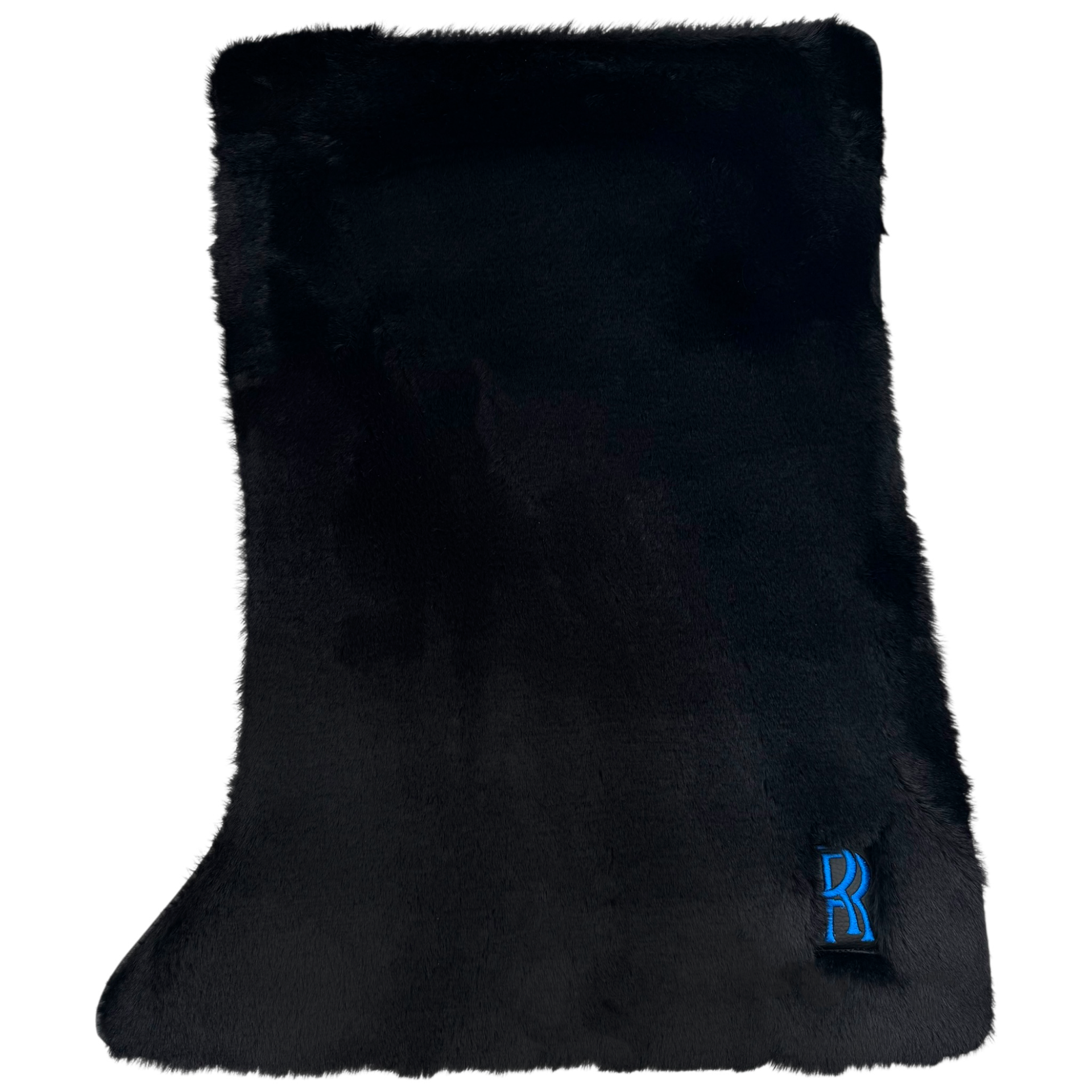 Set of Black Sheepskin Floor Mats & Pillows for Rolls Royce Cullinan (2018-2025) with Black Leather | Blue RR Logo