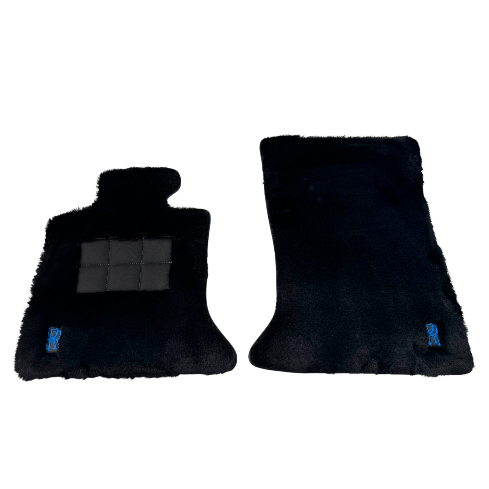 Set of Black Sheepskin Floor Mats & Pillows for Rolls Royce Cullinan (2018-2025) with Black Leather | Blue RR Logo