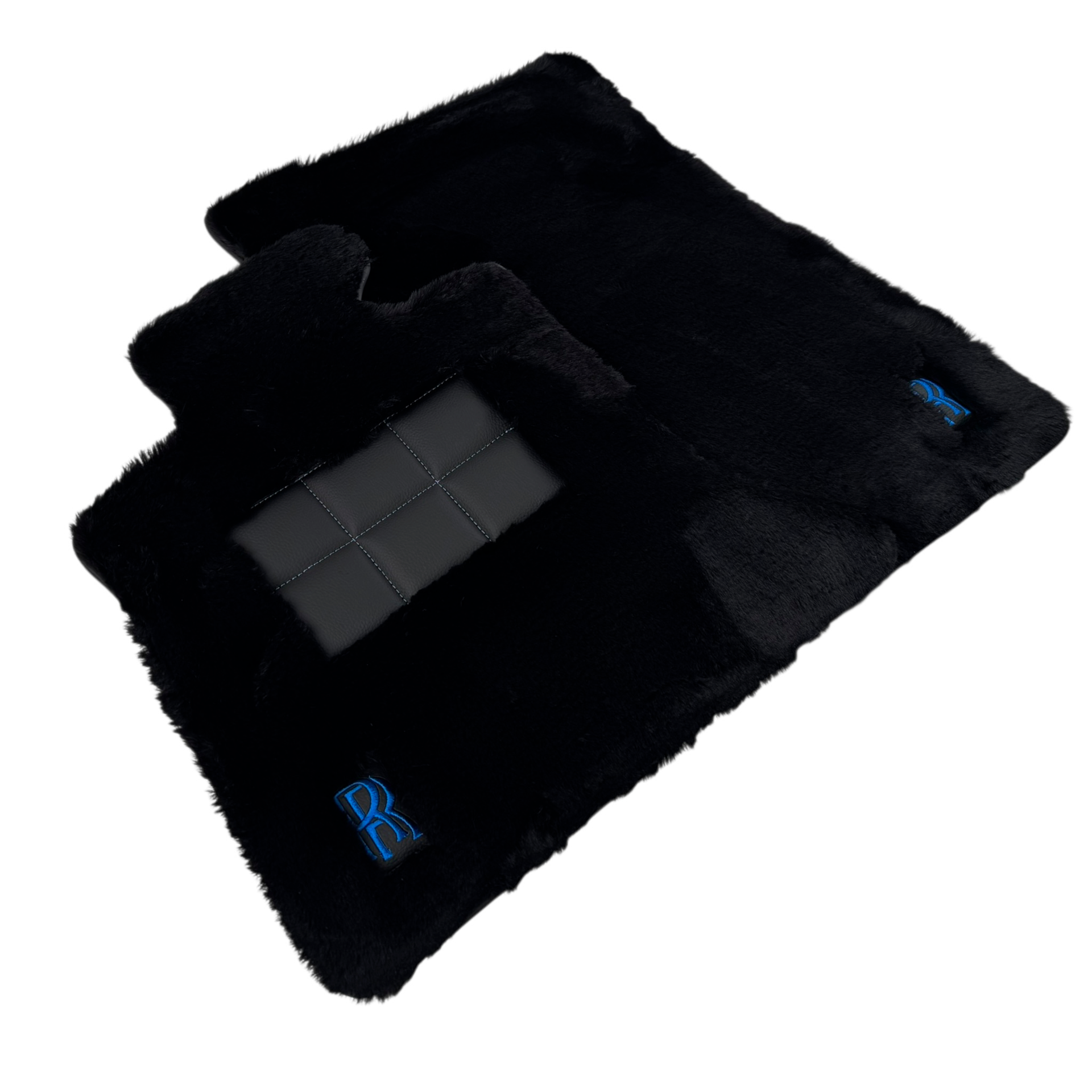 Set of Black Sheepskin Floor Mats & Pillows for Rolls Royce Cullinan (2018-2025) with Black Leather | Blue RR Logo