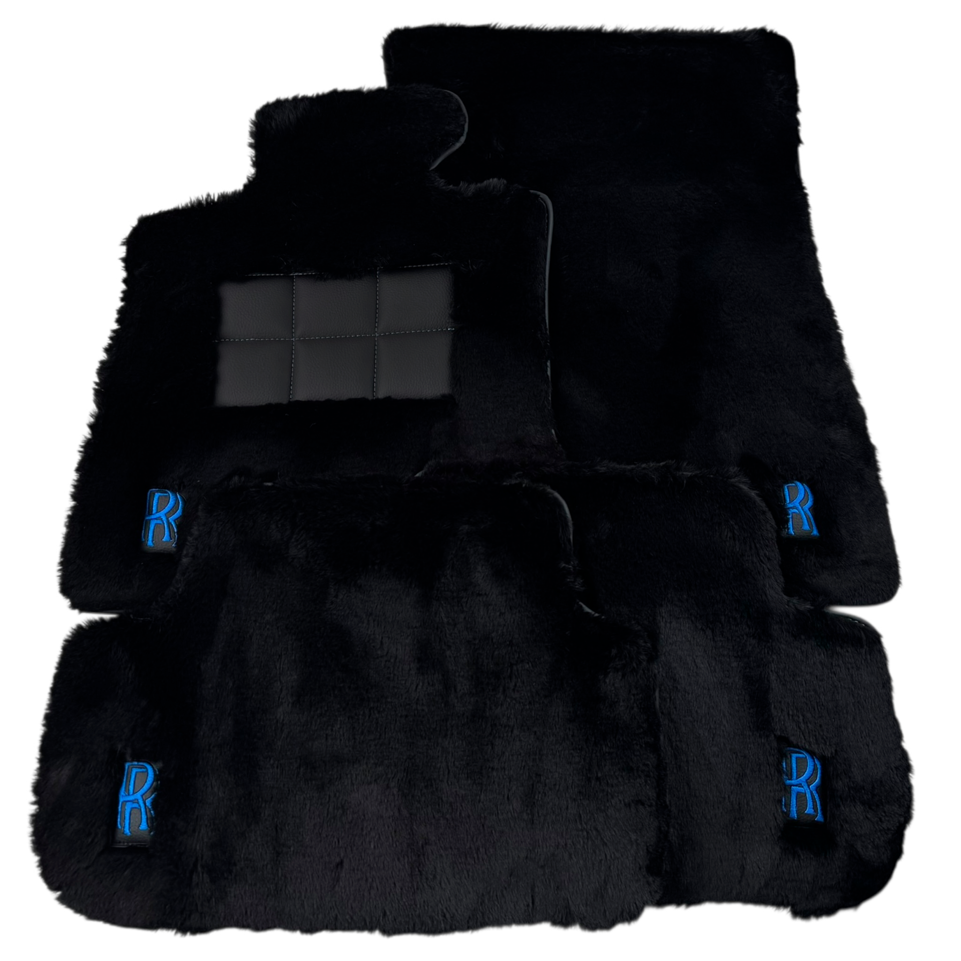 Set of Black Sheepskin Floor Mats & Pillows for Rolls Royce Cullinan (2018-2025) with Black Leather | Blue RR Logo