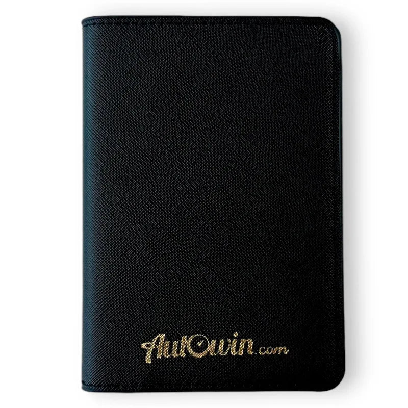 Black leather document holder with a gold AutoWin logo