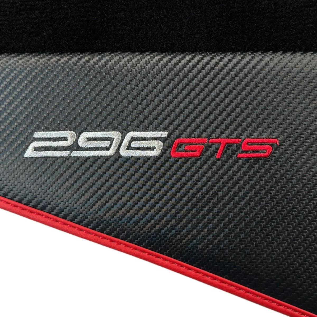 Black Floor Mats for Ferrari 296 GTS (2022-2027) with Carbon Fiber | Red Trim - AutoWin