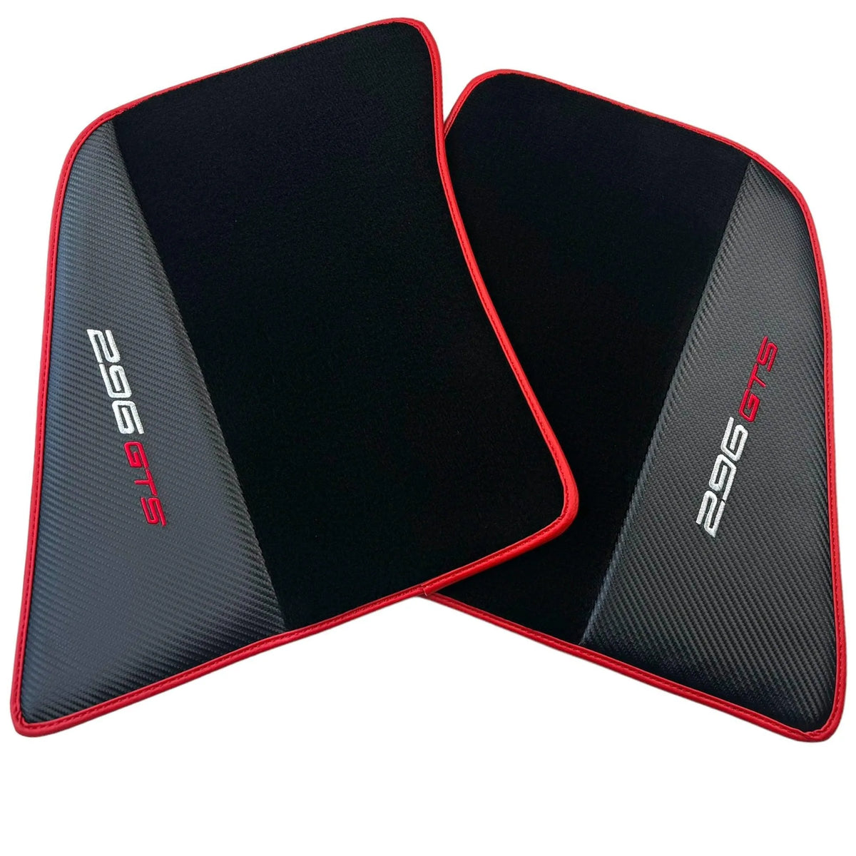 Black Floor Mats for Ferrari 296 GTS (2022-2027) with Carbon Fiber | Red Trim - AutoWin