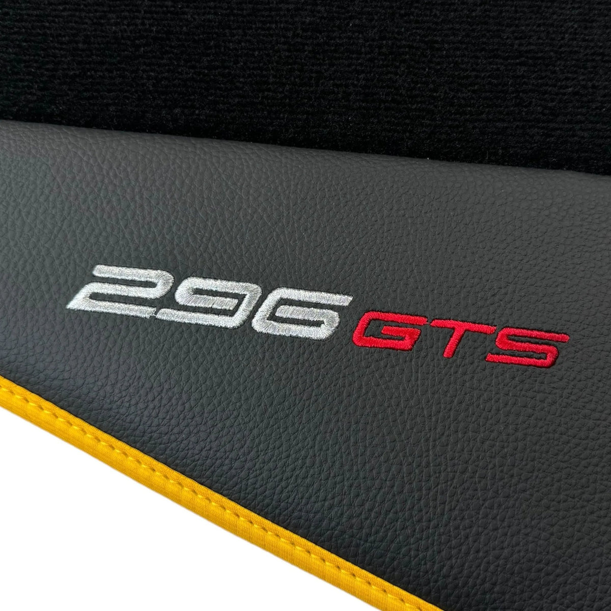 Black Floor Mats for Ferrari 296 GTS (2022-2027) with Leather and Yellow Trim - AutoWin