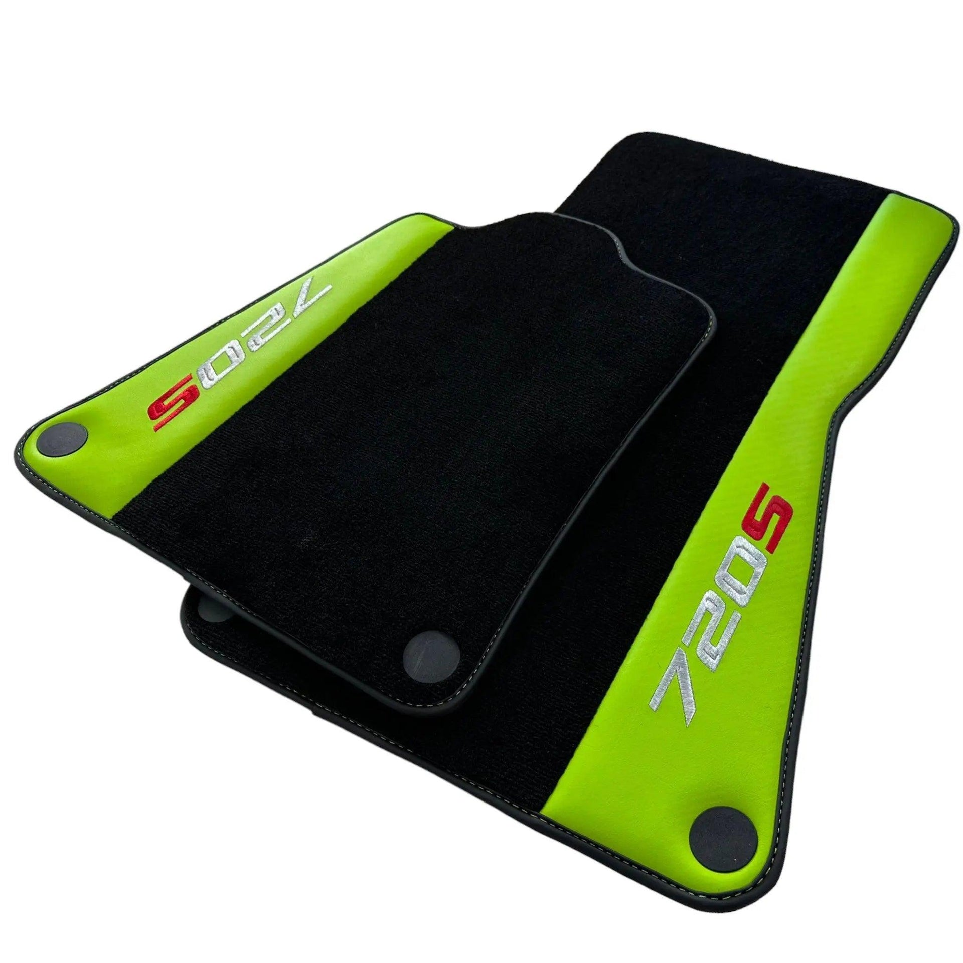 Black Floor Mats For McLaren 720S Year 2017-2021 With Green Leather - AutoWin