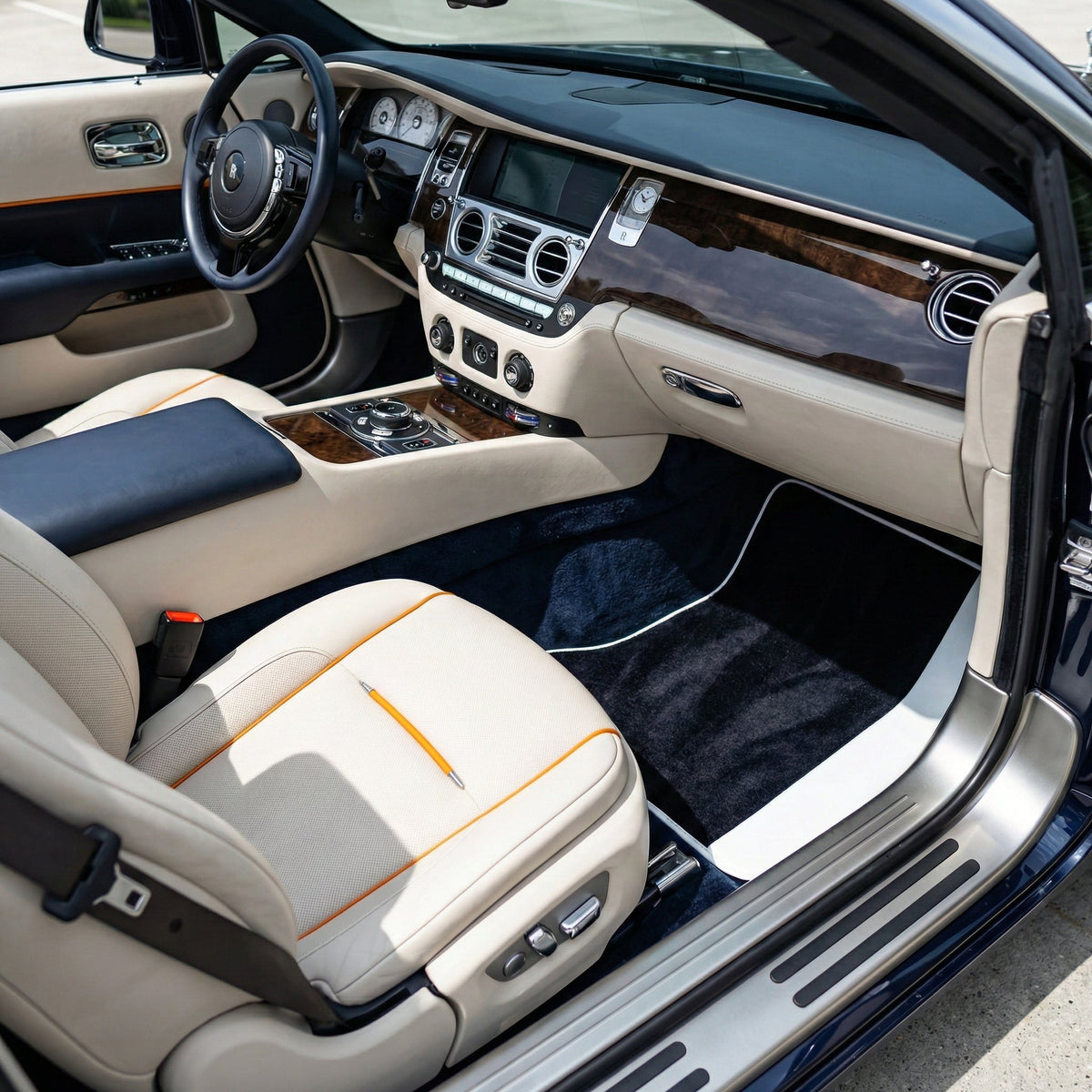 Black Floor Mats for Rolls Royce Dawn (2016-2023) with White Leather | White Trim