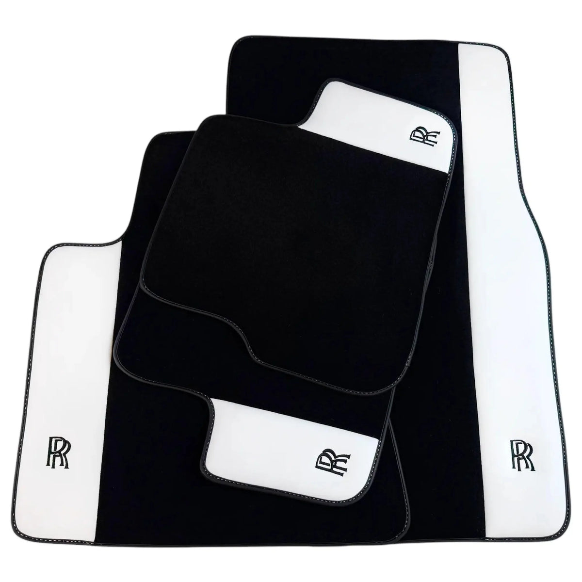 Black Floor Mats for Rolls Royce Wraith (2013–2023) with White Leather | RR Logo