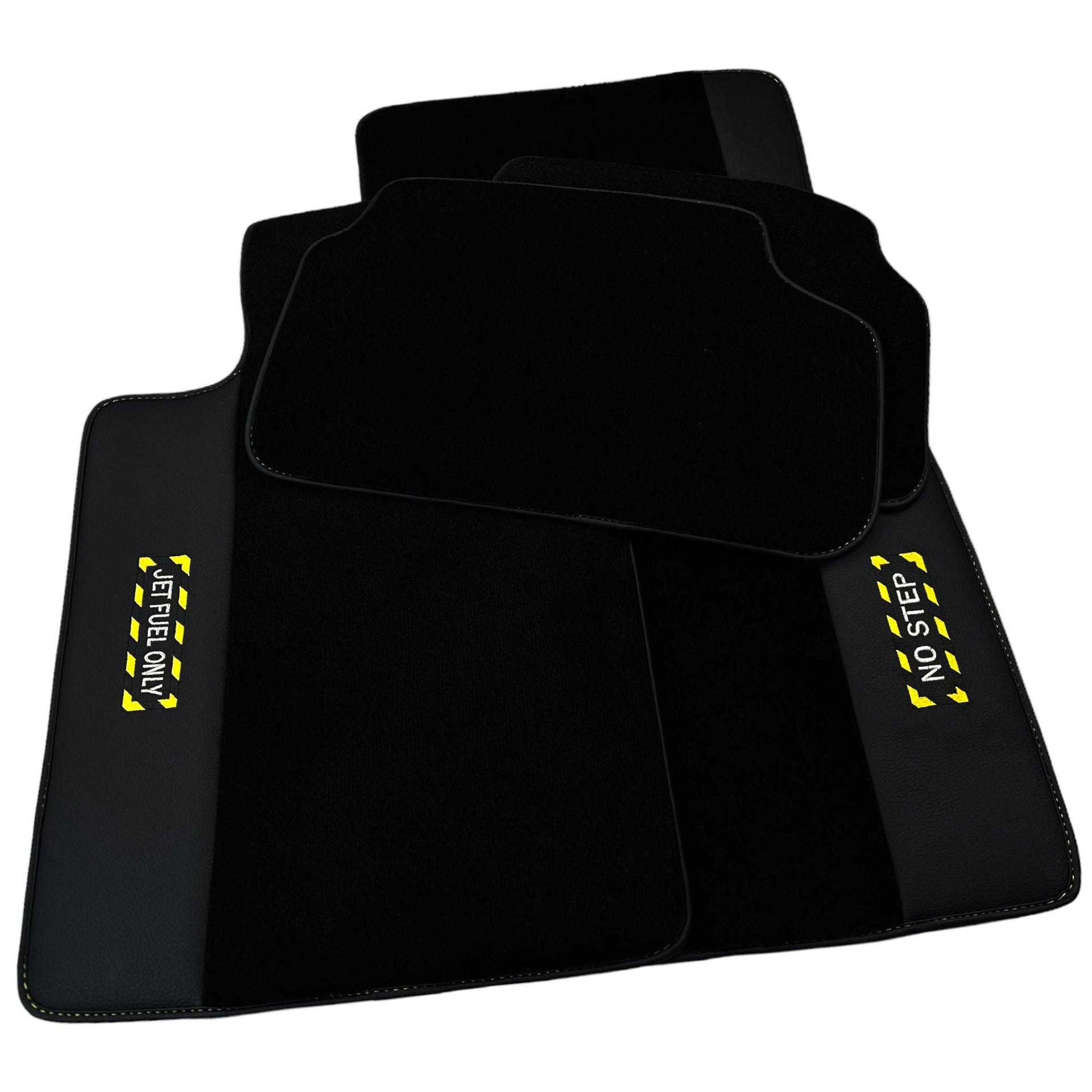 Black Floor Mats with Leather for BMW G61 (2023-2026) Touring - "Jet Fuel Only" - AutoWin