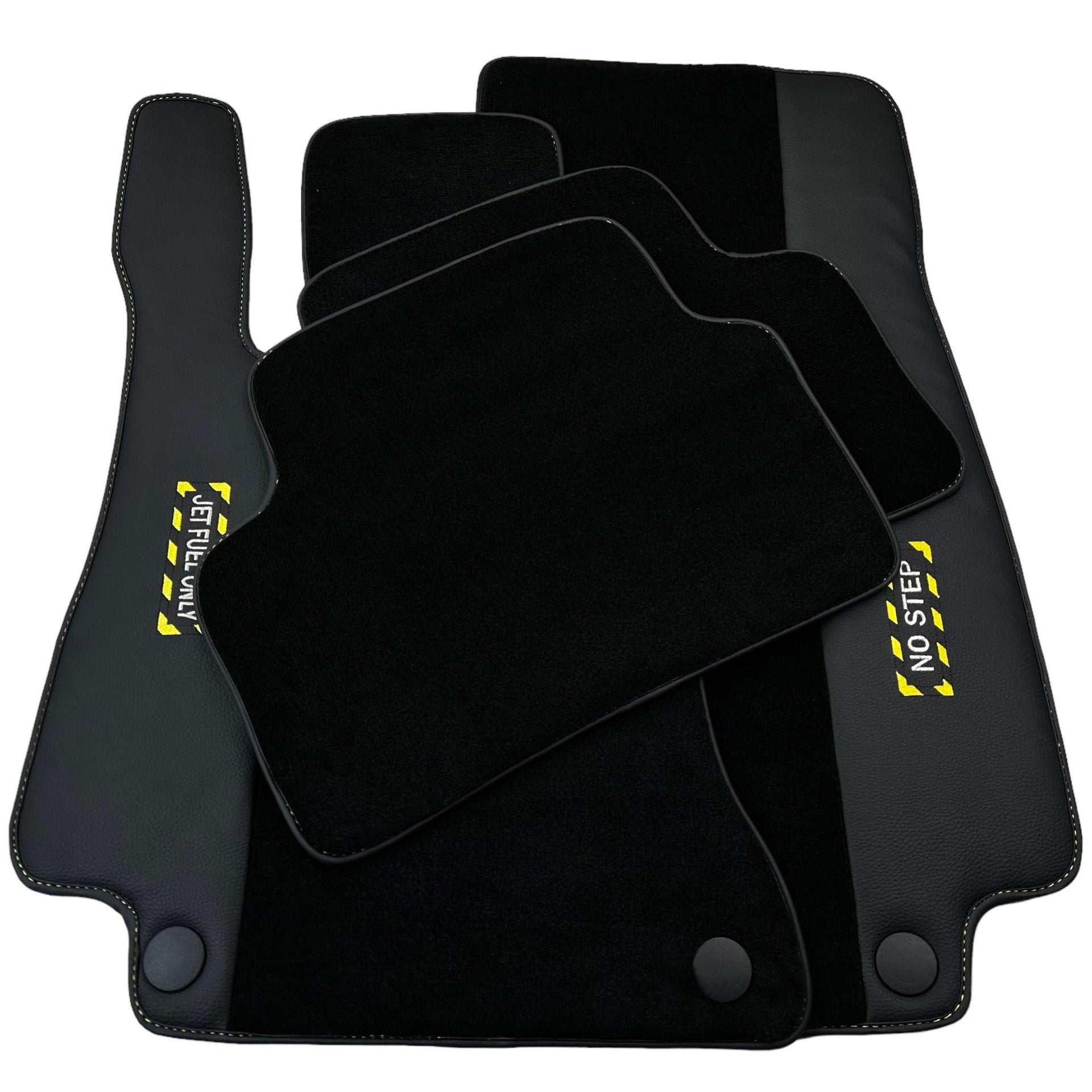Black Floor Mats with Leather for Mercedes Benz E-Class W213 Sedan (2016-2020) - "Jet Fuel Only" - AutoWin