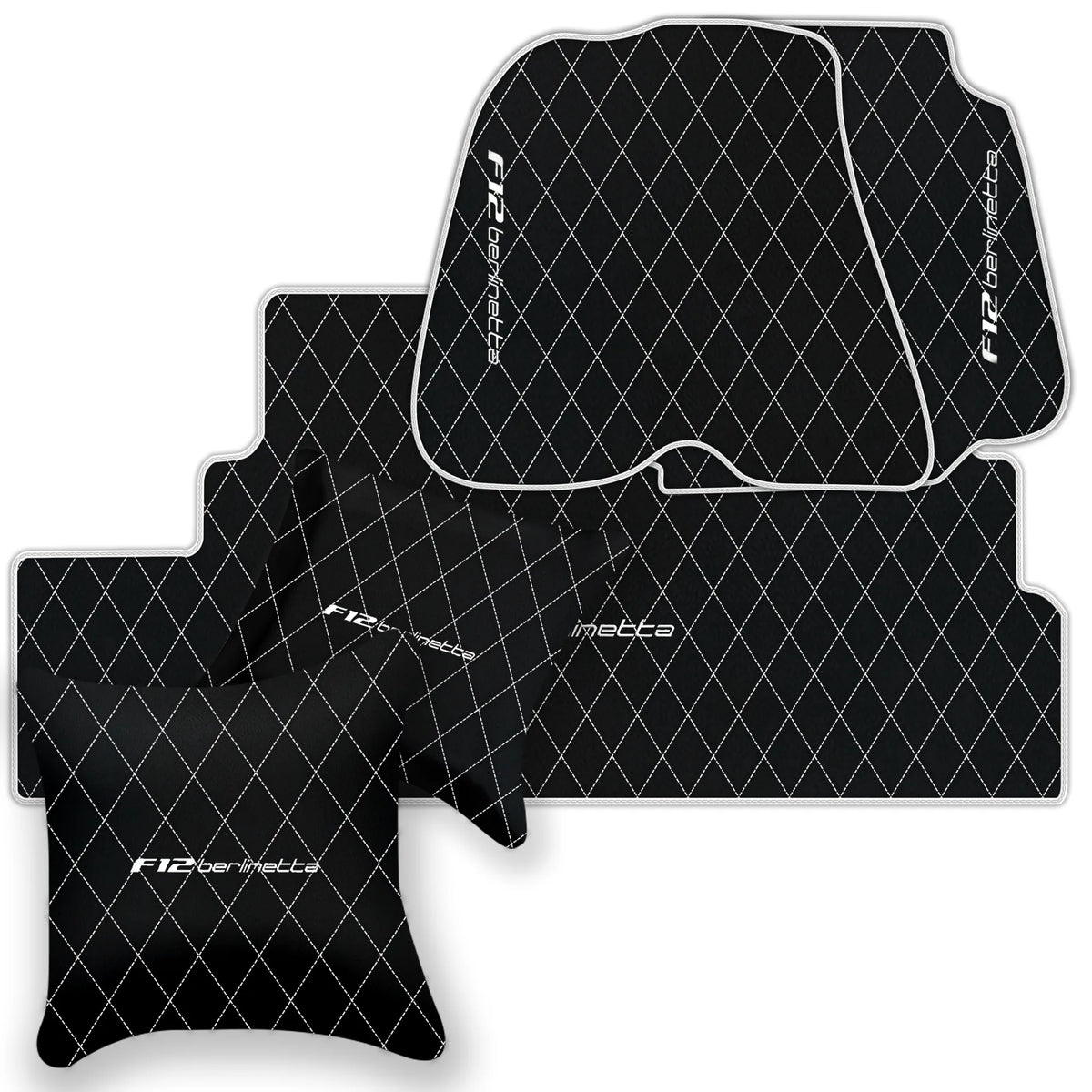 Black Leather Floor Mats for Ferrari F12 Berlinetta (2012-2022) with Single Diamond Pattern | Full Set Option