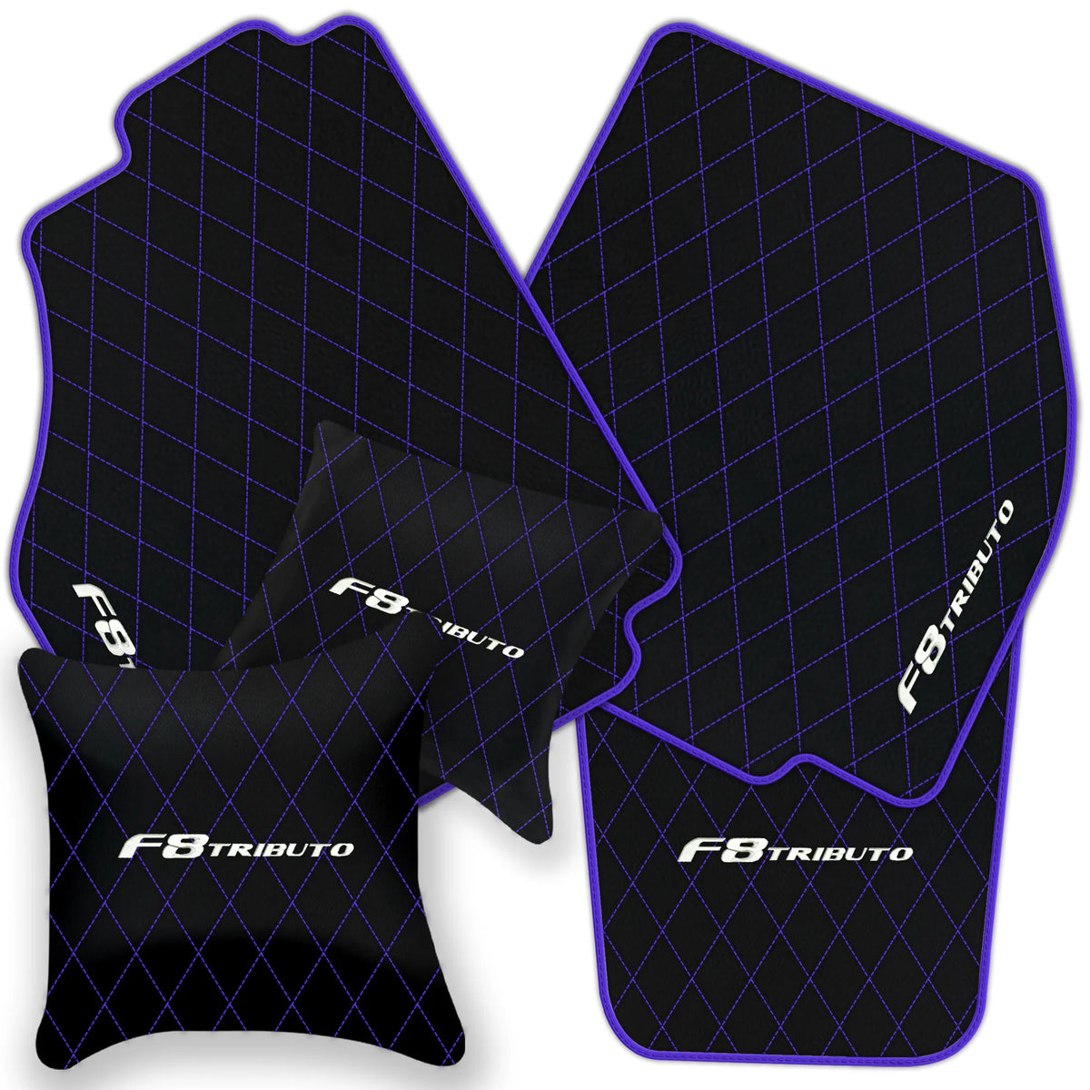 Black Leather Floor Mats for Ferrari F8 Tributo (2019-2023) with Single Diamond Pattern | Full Set Option