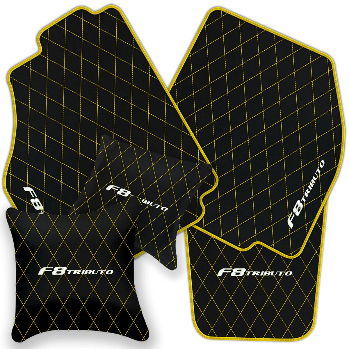 Black Leather Floor Mats for Ferrari F8 Tributo (2019-2023) with Single Diamond Pattern | Full Set Option