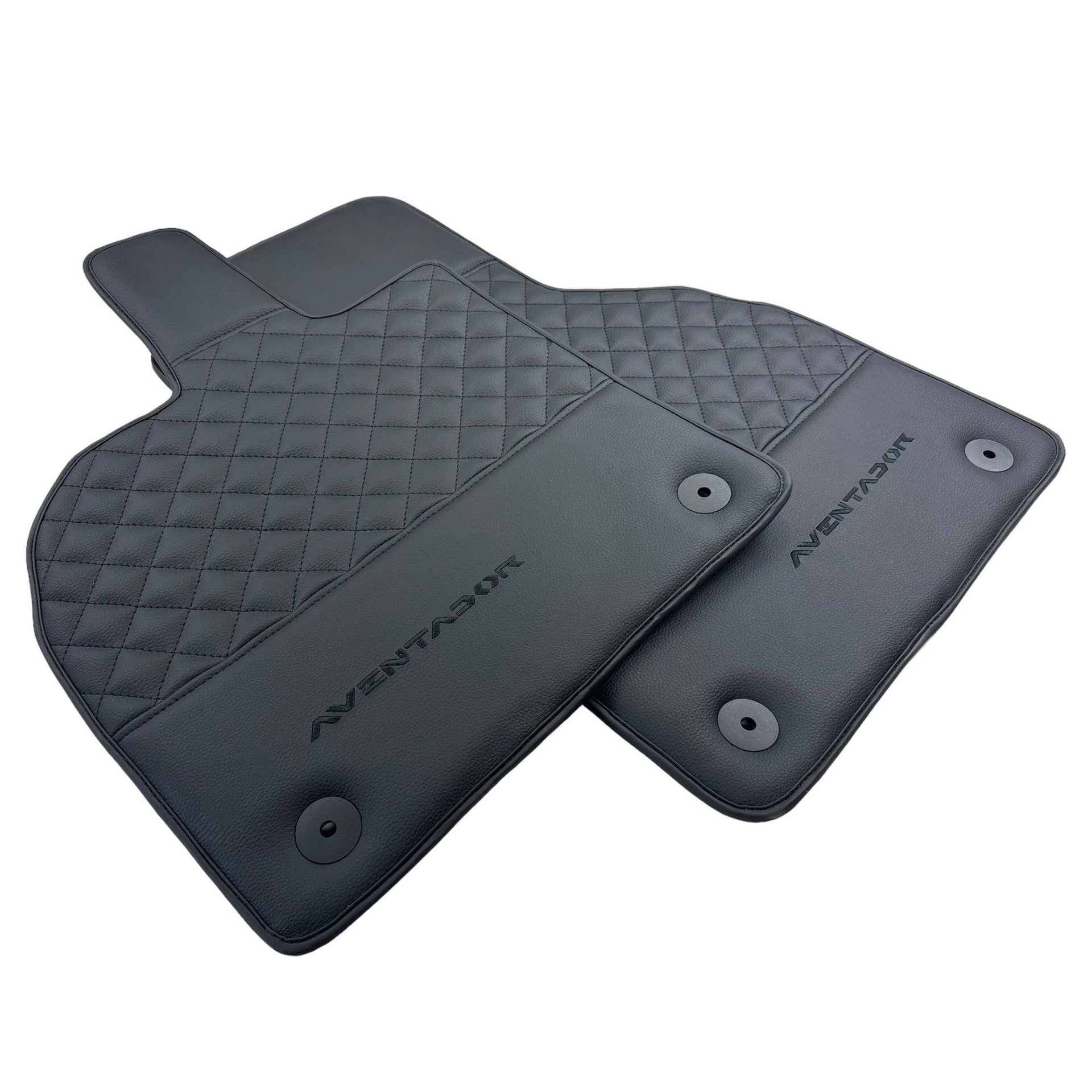 Black Leather Floor Mats for Lamborghini Aventador | Black Stitching - AutoWin