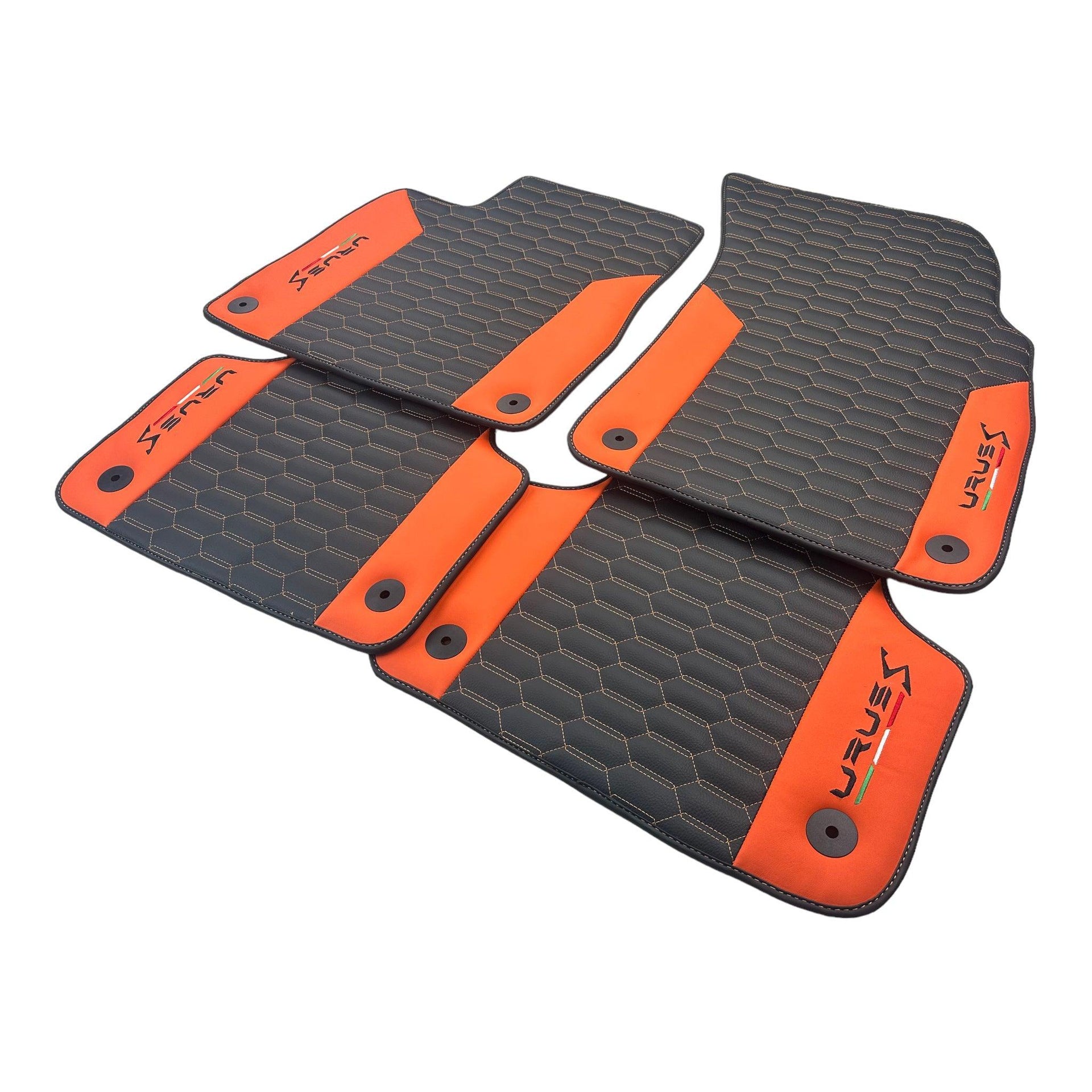 Black Leather Floor Mats For Lamborghini Urus S With Orange Nappa Leather - AutoWin