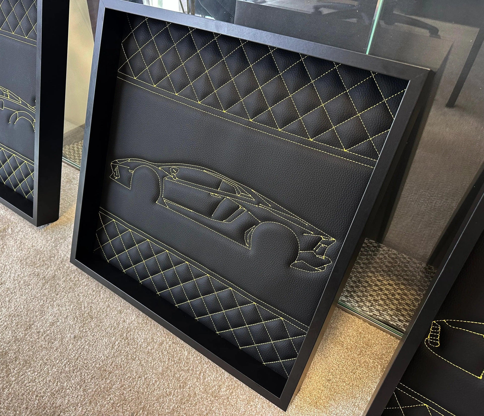 Black Leather Lamborghini Huracan Inspired Wall Art: Embroidered Yellow Stitch Luxury Decor - AutoWin