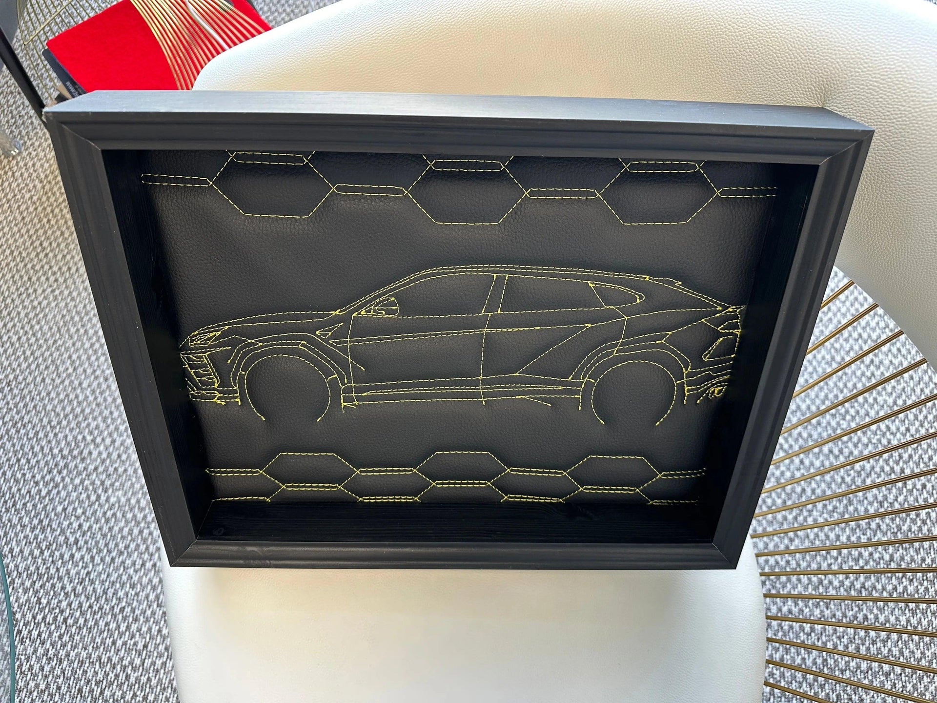 Black Leather Lamborghini Urus Inspired Wall Art: Embroidered Yellow Stitch - AutoWin