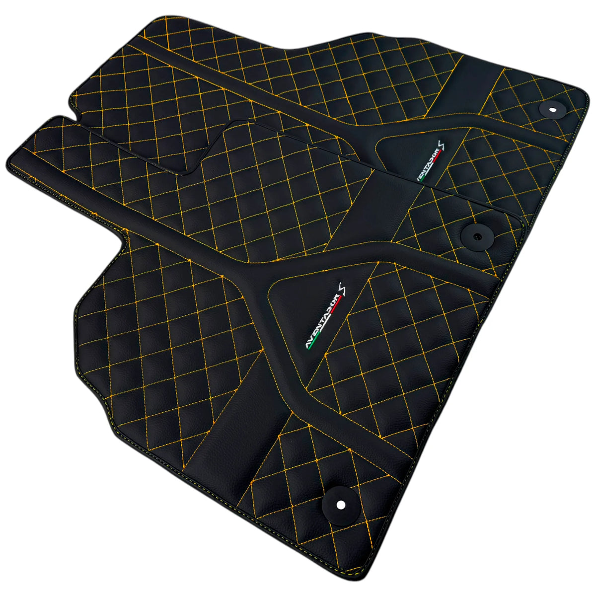 Customizable Black Leather Floor Mats for Lamborghini Aventador S | Yellow Stitching