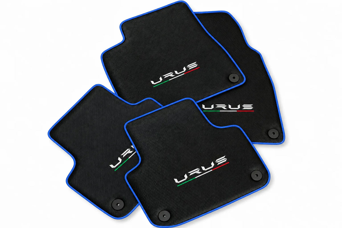 Floor Mats For Lamborghini Urus Made From Carbon Fiber Leather Blue trim