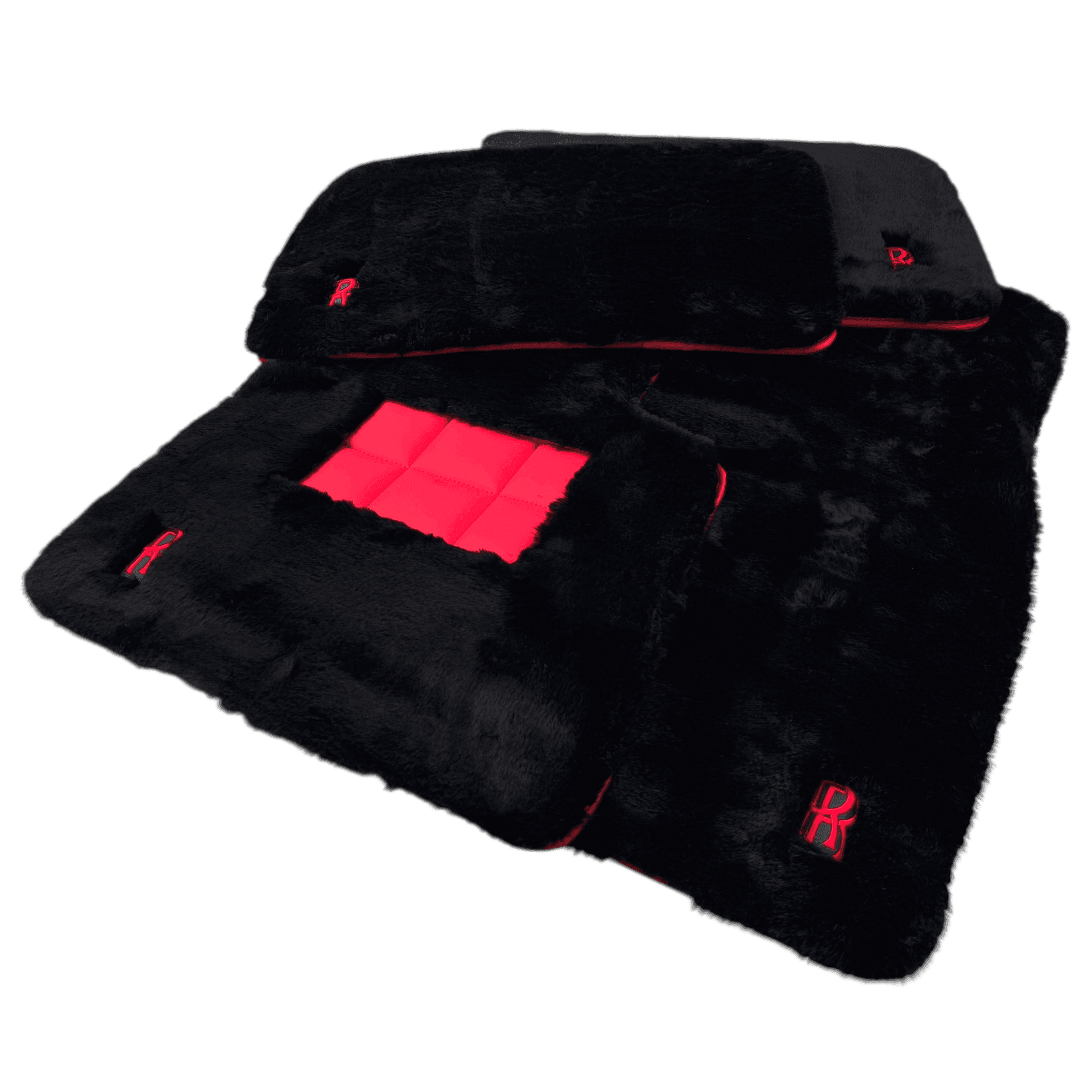 Black Sheepskin Floor Mats for Rolls Royce Cullinan (2018-2025) with Red Leather