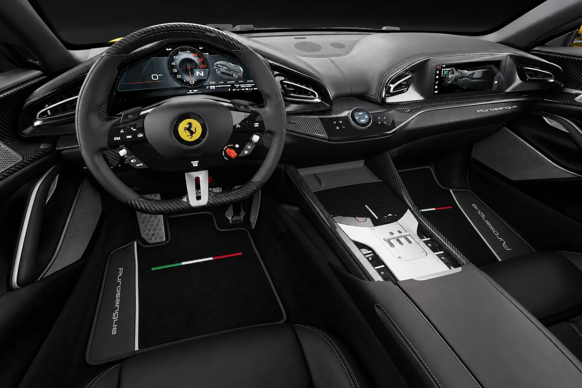 Black Floor Mats for Ferrari Purosangue with Leather and Red Trim | Italian Edition
