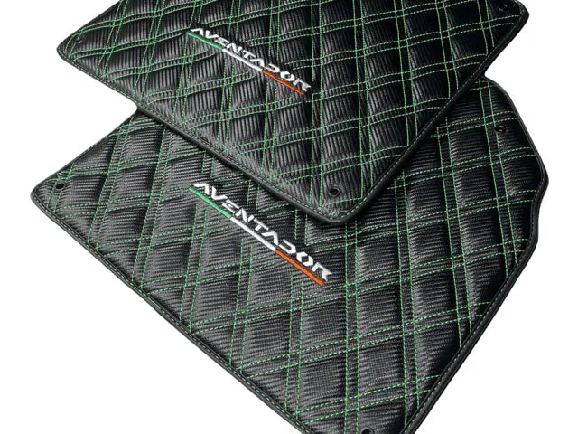 Floor Mats for Lamborghini Aventador Carbon Fiber Leather Green Stitching - AutoWin