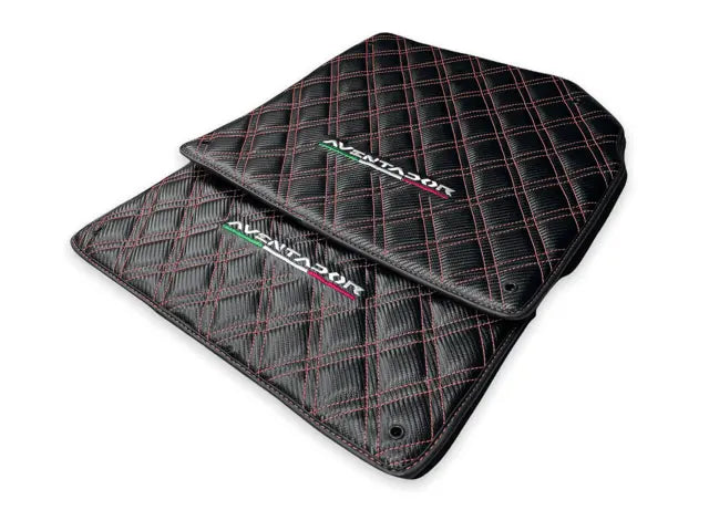 Floor Mats for Lamborghini Aventador Carbon Fiber Leather Red Stitching - AutoWin