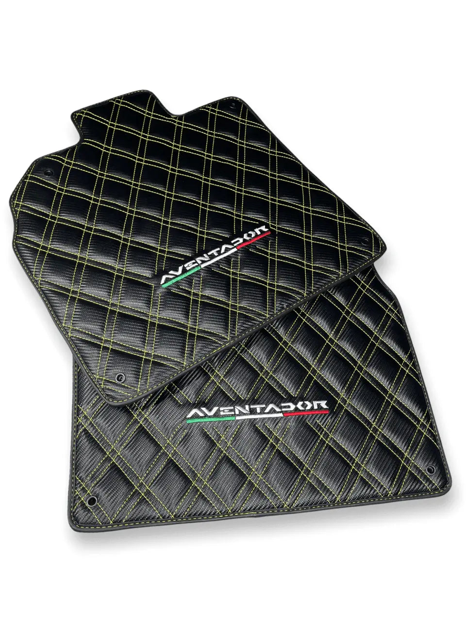 Floor Mats for Lamborghini Aventador Carbon Fiber Leather Yellow Stitching - AutoWin