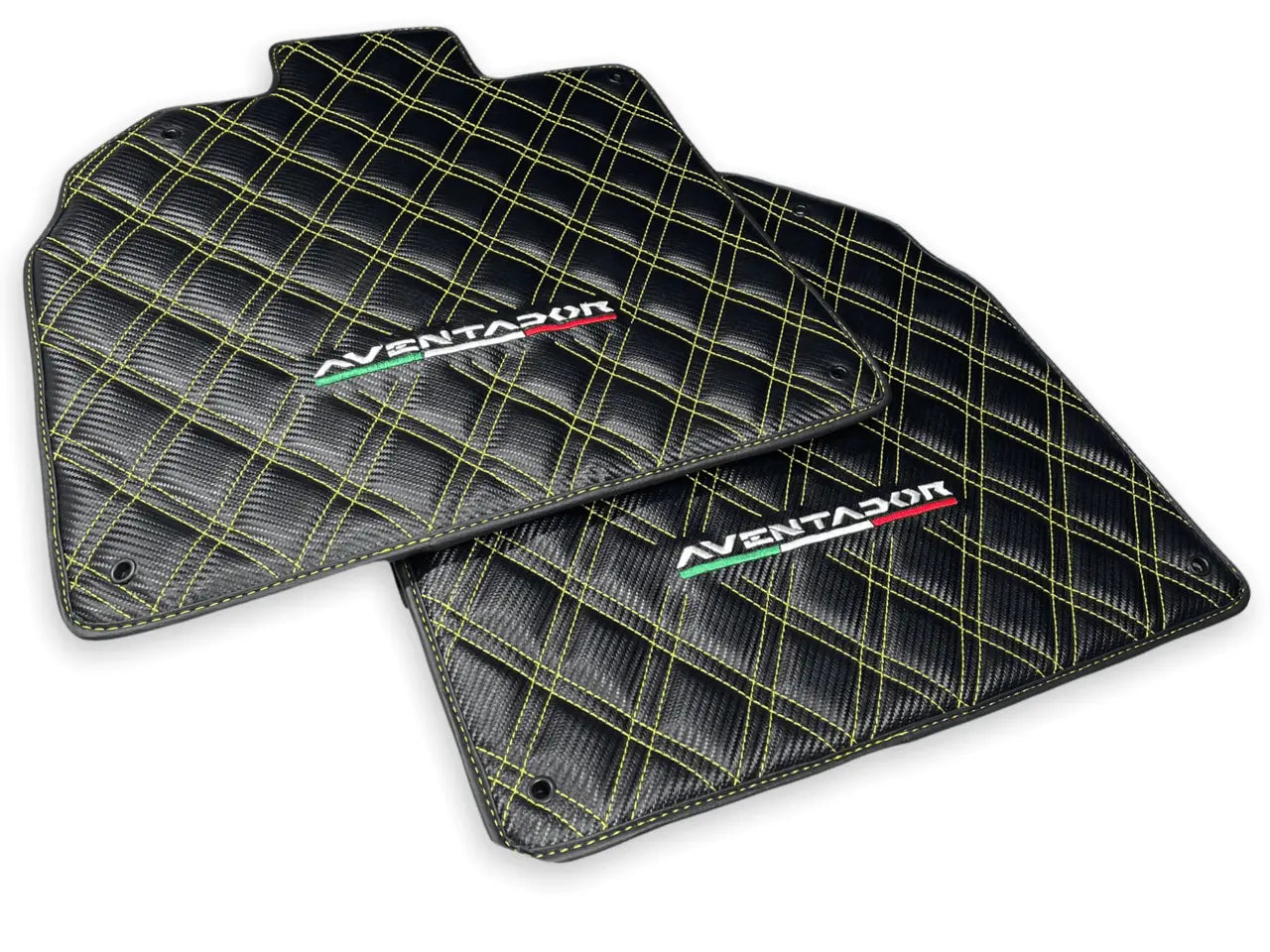 Floor Mats for Lamborghini Aventador Carbon Fiber Leather Yellow Stitching - AutoWin