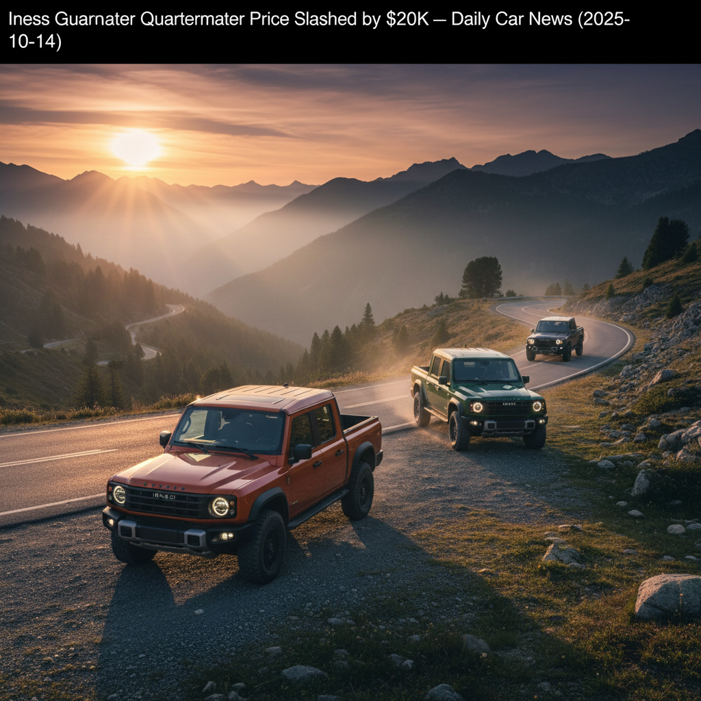 Editorial, photo-realistic HERO for an automotive daily news article titled "Ineos Grenadier Quartermaster Price Slashed by $20K – Daily Car News (202
