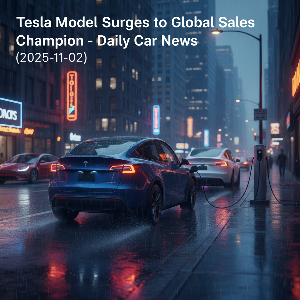 Editorial, photo-realistic HERO for an automotive daily news article titled "Tesla Model Y Surges to Global Sales Champion – Daily Car News (2025-11-0