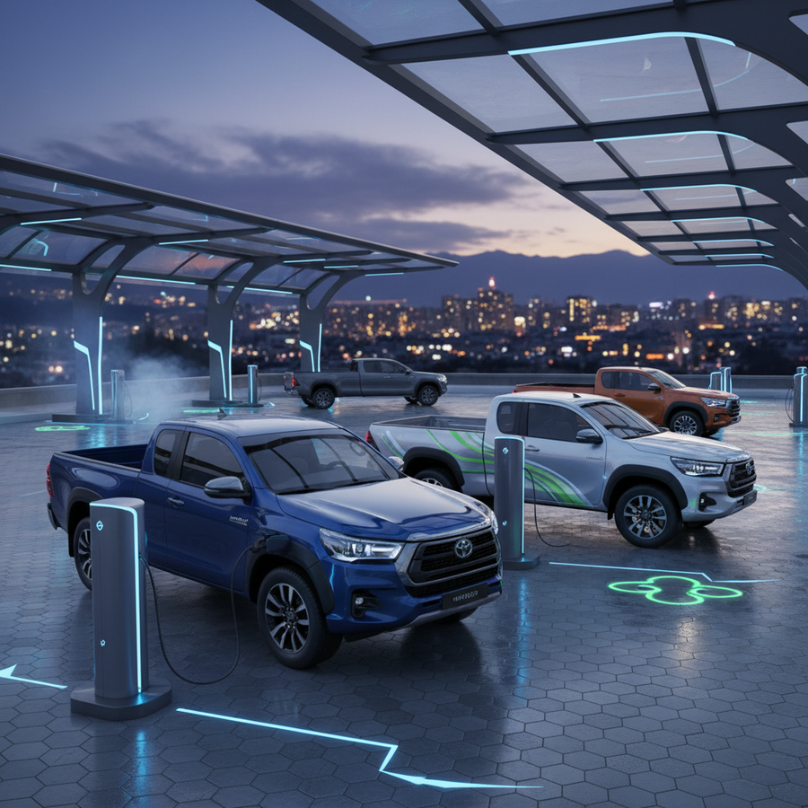 Editorial, photo-realistic HERO for an automotive daily news article titled "Toyota HiLux Expands Fuel Options with Electric and Hydrogen Variants – D