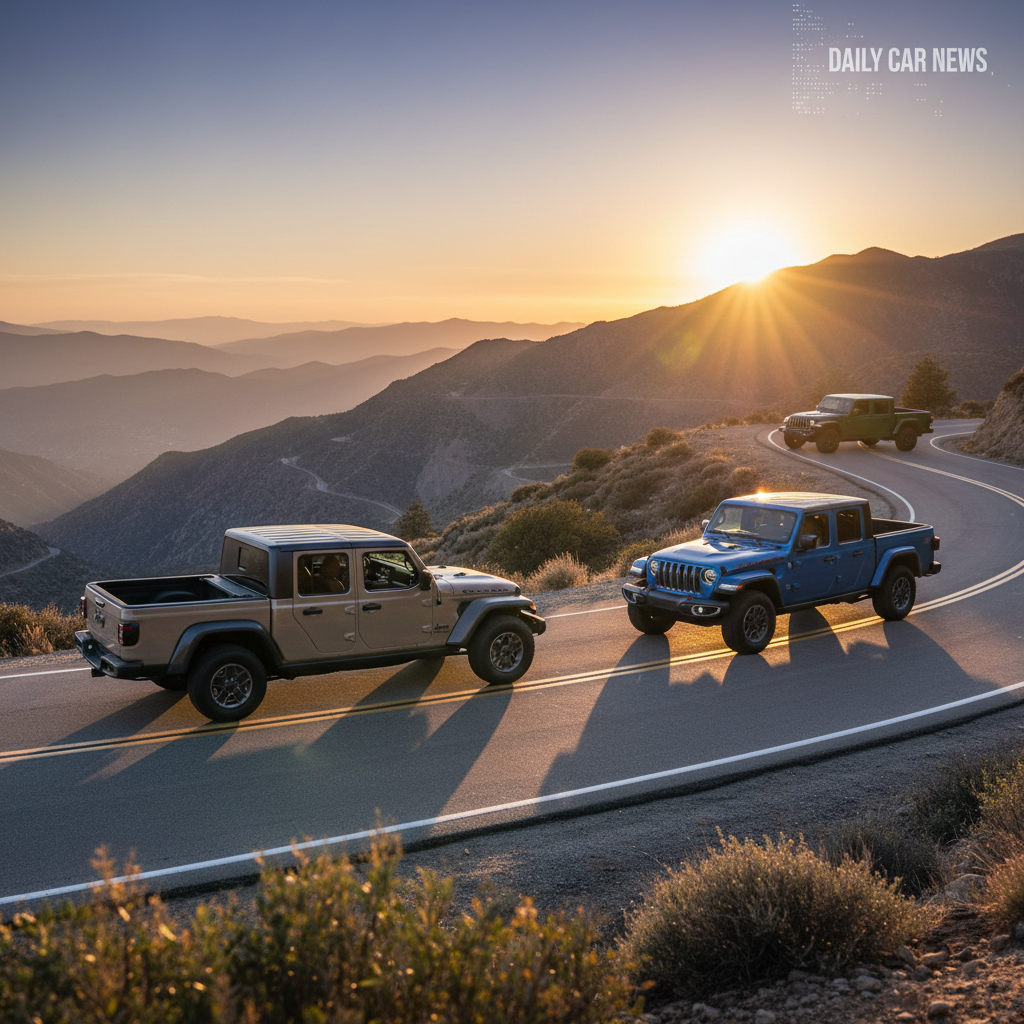 Editorial, photo-realistic HERO for an automotive daily news article titled "Jeep Gladiator Sahara Trim Introduced for Daily Comfort – Daily Car News 