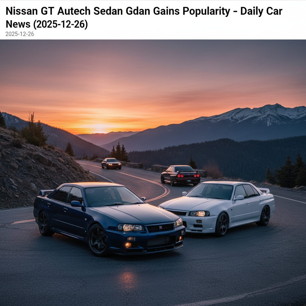 Editorial, photo-realistic HERO for an automotive daily news article titled "Nissan Skyline GT-R Autech Sedan Gains Popularity – Daily Car News (2025-