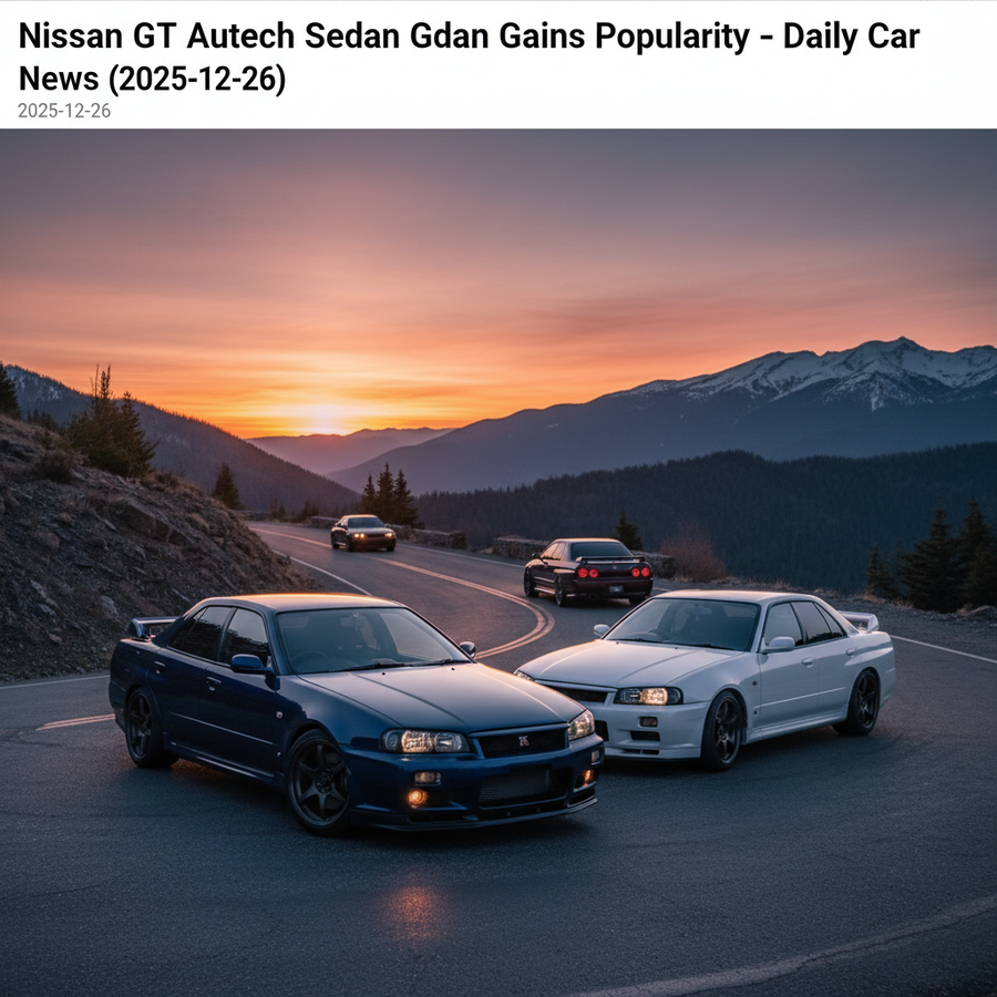 Editorial, photo-realistic HERO for an automotive daily news article titled "Nissan Skyline GT-R Autech Sedan Gains Popularity – Daily Car News (2025-
