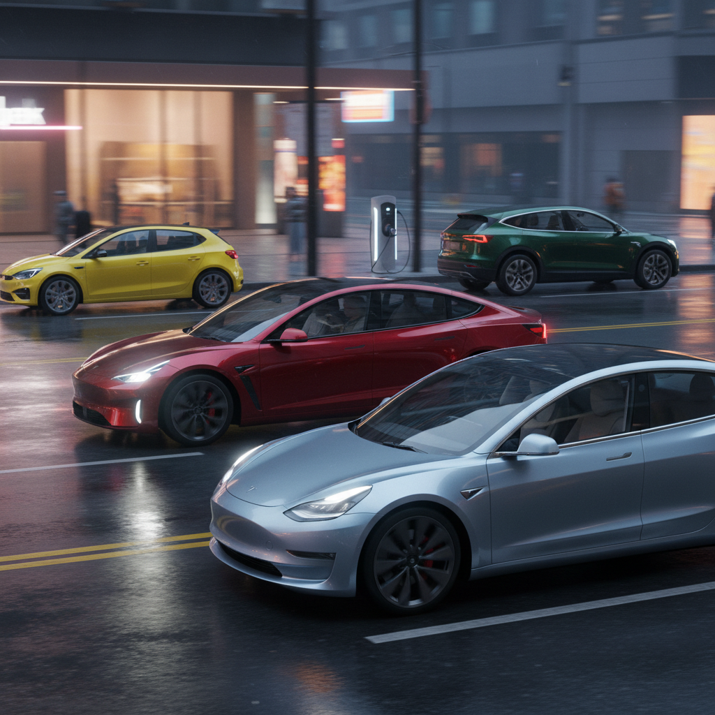 Editorial, photo-realistic HERO for an automotive daily news article titled "Tesla Model 3 Sales Slump Amid Rising Competition – Daily Car News (2026-