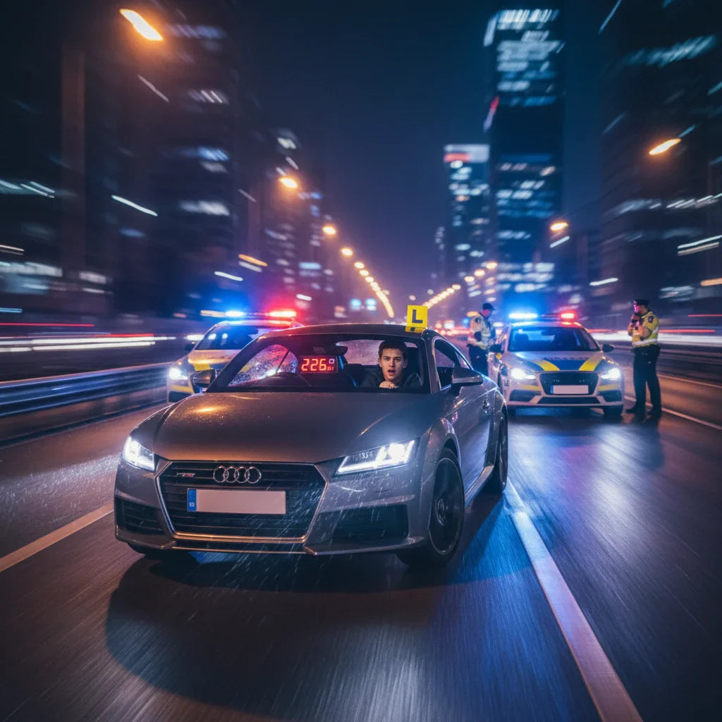 Editorial photo-realistic HERO image for automotive news (2026-01-19). Feature Audi vehicles specifically Audi TT. Scene: A dramatic night scene showi