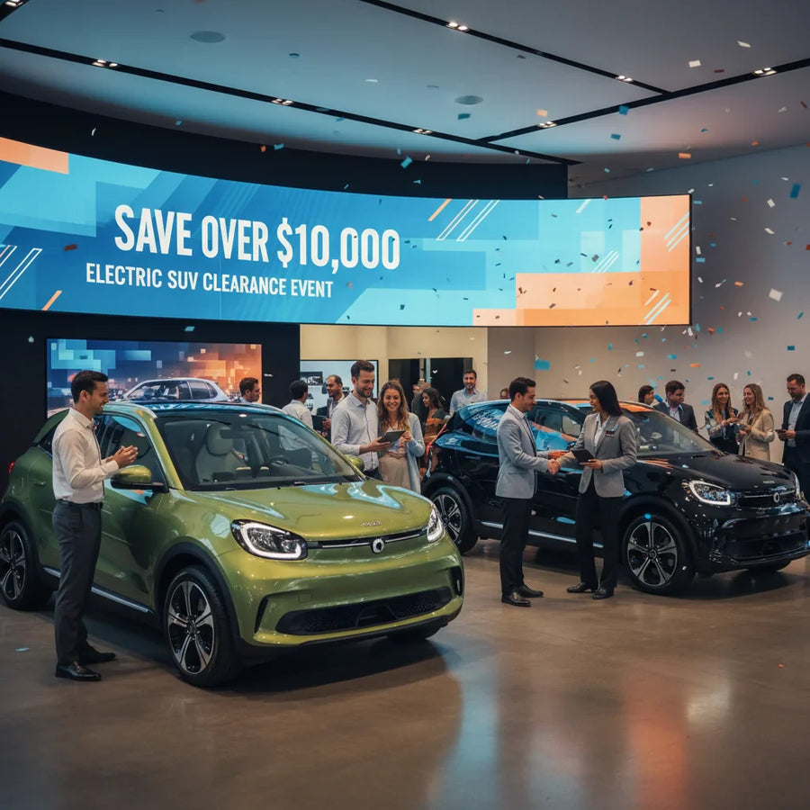 Editorial photo-realistic HERO image for automotive news (2026-02-05). Feature Smart vehicles specifically Smart Electric SUV. Scene: A vibrant dealer