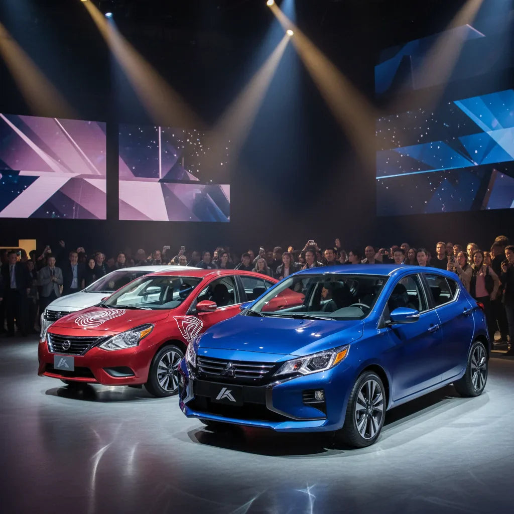 Editorial photo-realistic HERO image for automotive news (2026-02-07). Feature Nissan and Mitsubishi vehicles specifically Nissan Versa, Mitsubishi Ve