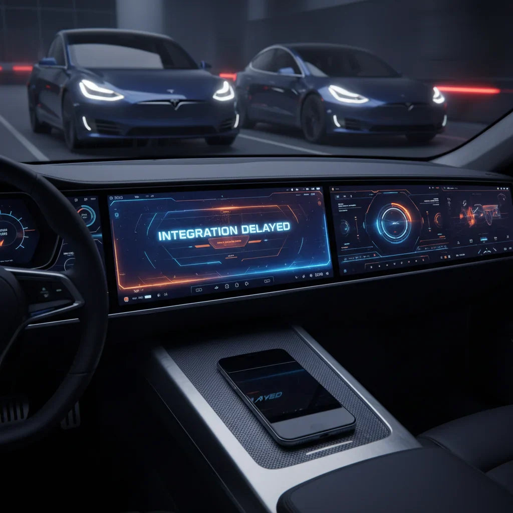 Editorial photo-realistic HERO image for automotive news (2026-02-17). Feature Tesla vehicles specifically Model S, Model 3. Scene: A futuristic Tesla