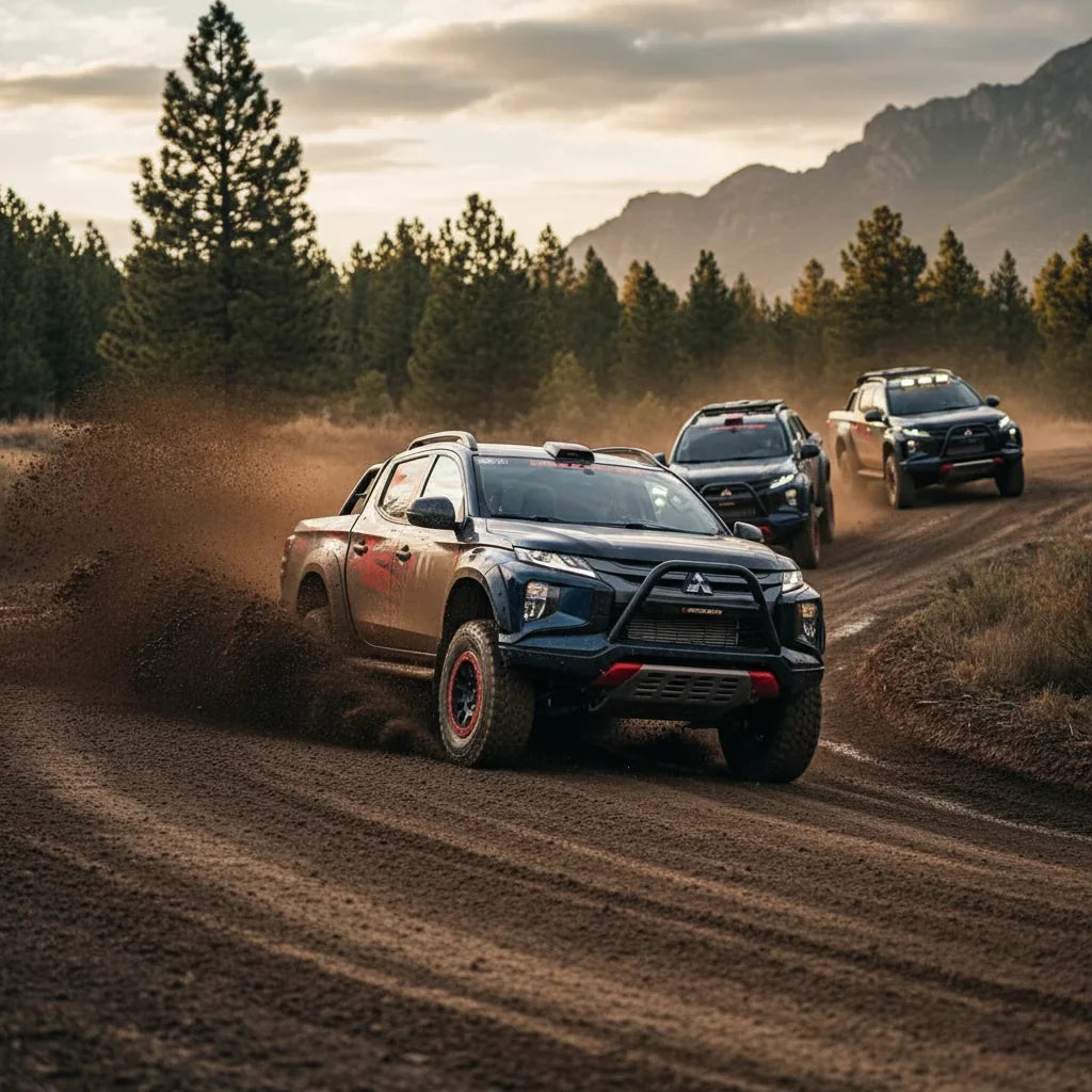 Editorial photo-realistic HERO image for automotive news (2026-03-21). Feature Mitsubishi vehicles specifically Mitsubishi Triton Raider. Scene: A rug