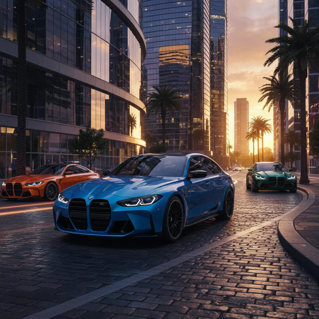 Editorial photo-realistic HERO image for automotive news (2026-03-25). Feature BMW vehicles specifically M3. Scene: The all-new electric BMW M3 parked