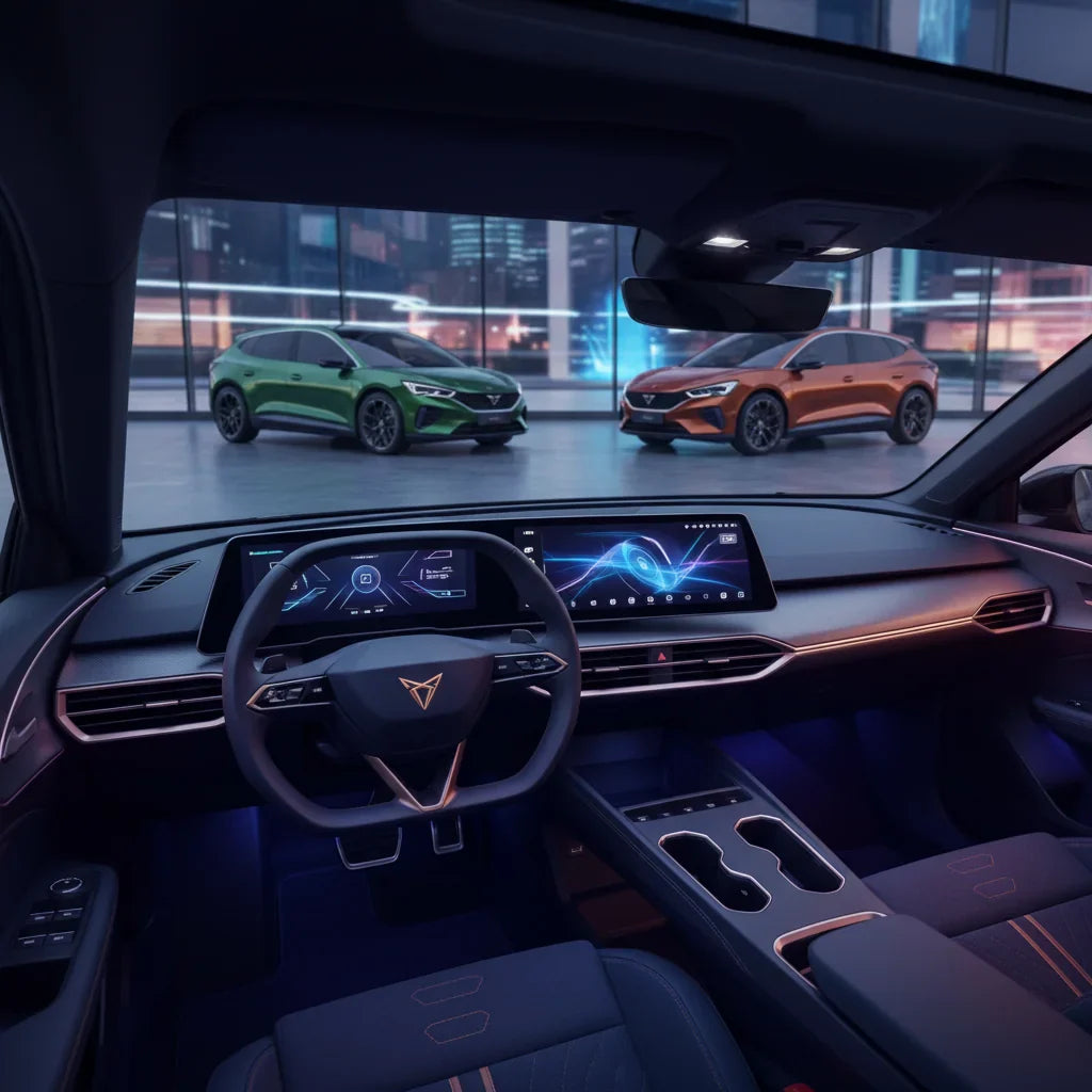 Editorial photo-realistic HERO image for automotive news (2026-03-27). Feature Cupra vehicles specifically Tavascan EV. Scene: A sleek, futuristic int