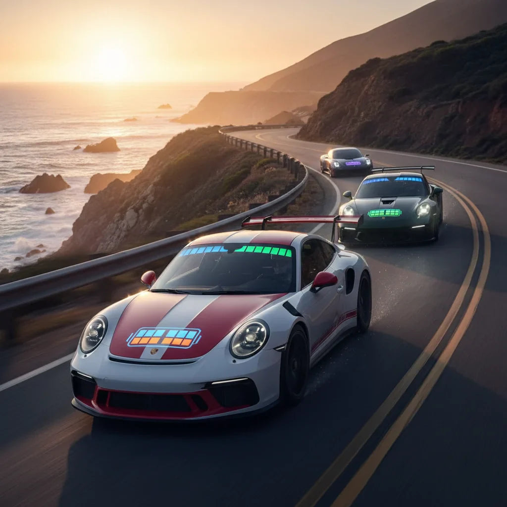 Editorial photo-realistic HERO image for automotive news (2026-04-19). Feature Porsche vehicles specifically specific model names mentioned in the art