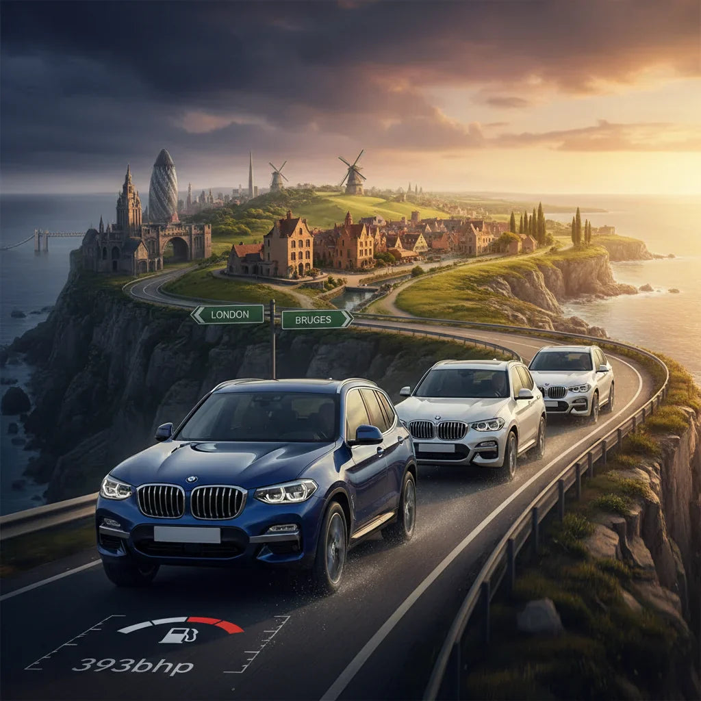 Editorial photo-realistic HERO image for automotive news (2026-05-10). Feature BMW vehicles specifically X3. Scene: A dynamic shot of the BMW X3 drivi