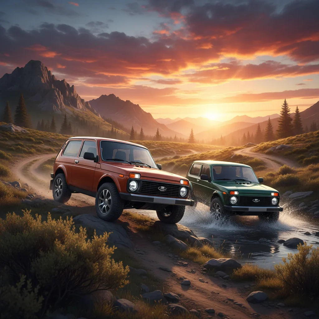 Editorial photo-realistic HERO image for automotive news (2026-05-13). Feature Lada vehicles specifically Lada Niva. Scene: The new Lada Niva off-road